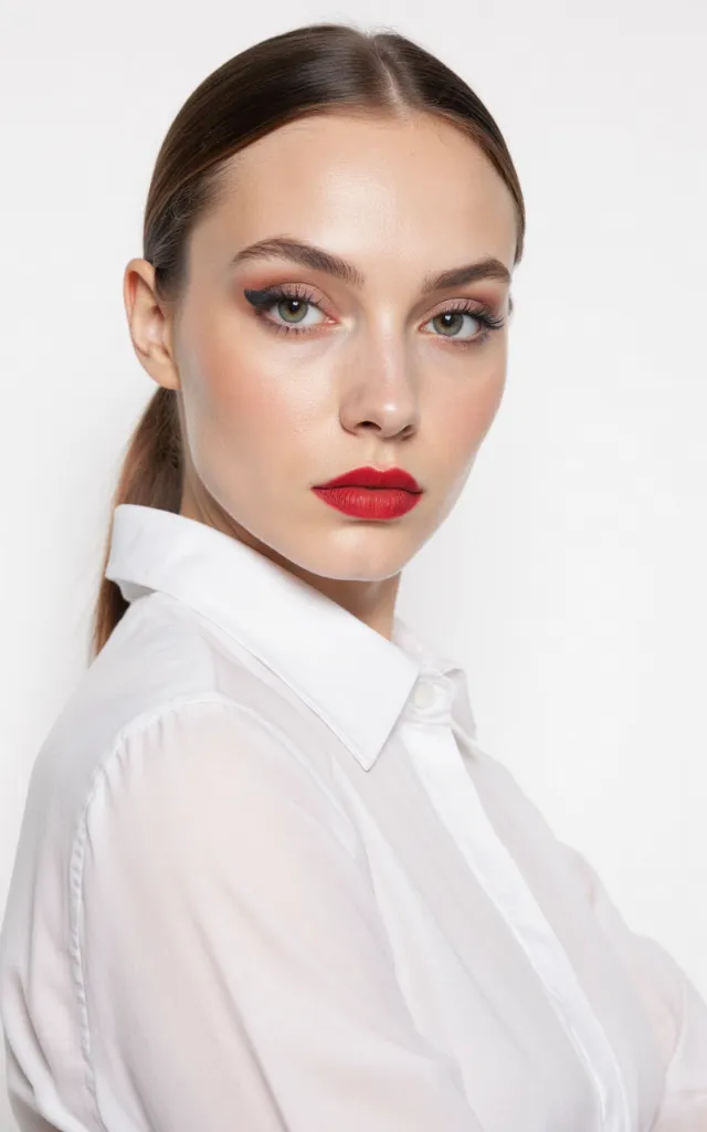 A French female model with a Cartoon   inspired makeup style, wearing a shirt, against a white background, in a front   facing bust portrait